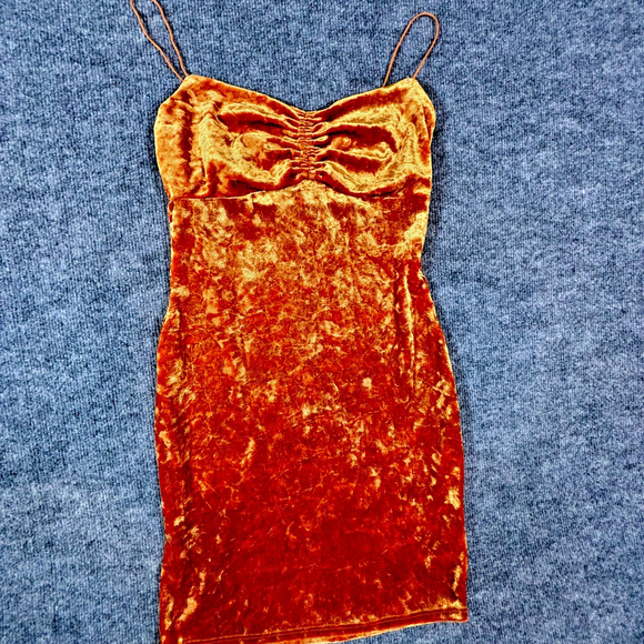 Urban Outfitters Crushed Velvet Bodycon Mini Dress Ruched Bust Burnt Orange S - Picture 1 of 9